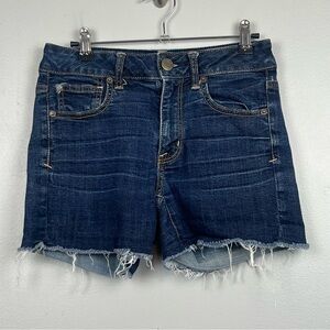 American Eagle Super Stretch distressed raw hem medium wash cutoff shorts, 4.